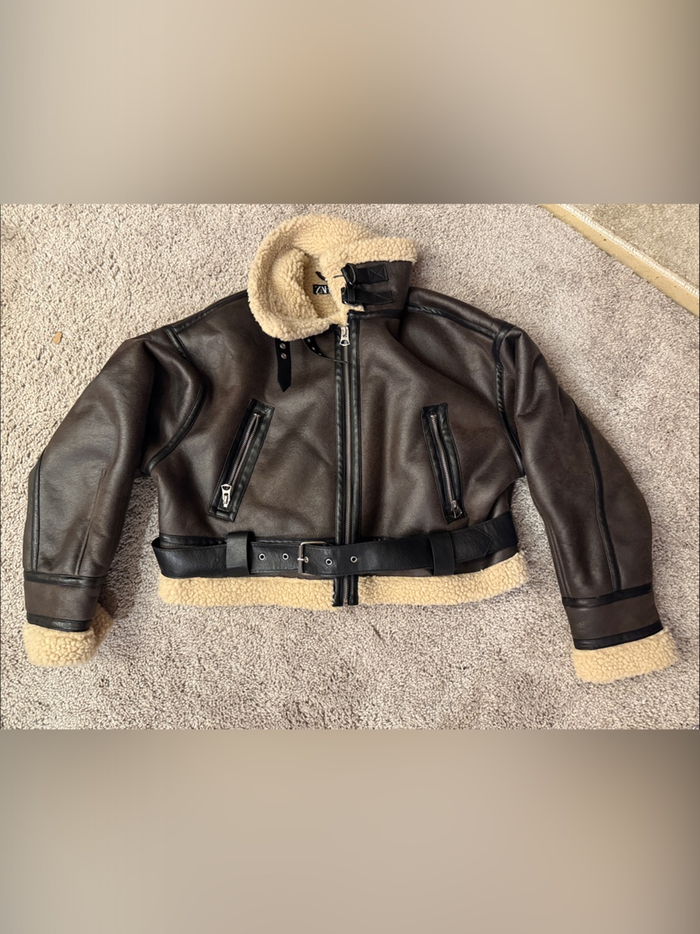 Zara Brown Faux Shearling Leather Jacket with Cream Trim